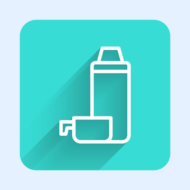 白色线热水瓶容器图标与长阴影隔离。热瓶图标。露营和徒步旅行的装备。绿色广场按钮。向量图片下载