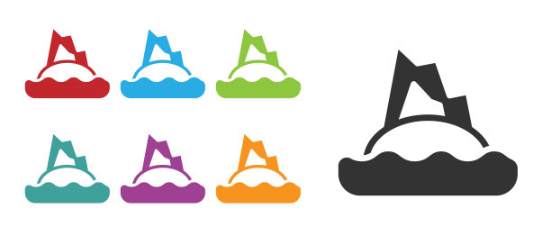 黑色热带岛屿在海洋图标孤立在白色背景。有海洋和棕榈树的景观。旅行。设置图标丰富多彩。向量图片下载