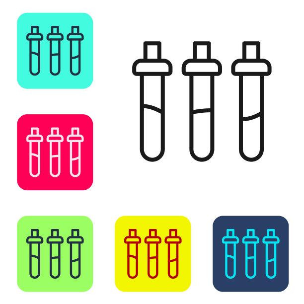 黑线试剂瓶物理和化学图标隔离在白色背景。设置图标为彩色方框按钮。向量图片下载
