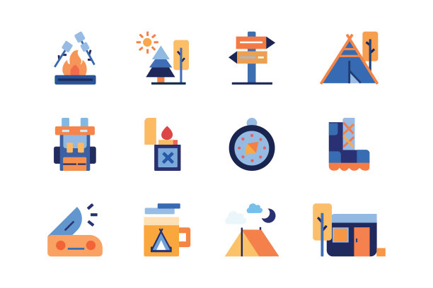 背包客和露营假日概念图标集。彩色填充样式图标矢量插图图片下载