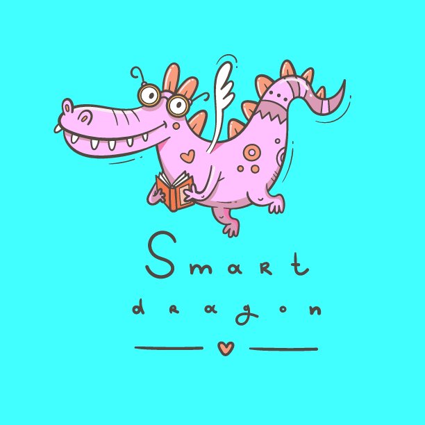 卡片上有一只可爱的聪明的龙。有趣的鳄鱼纹。阅读爬行动物海报。矢量涂鸦线艺术。儿童插画。读书和学习。图片下载