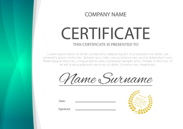 现代绿松石蓝色或绿色证书或文凭A4水平模板设计矢量插图模型。每股收益10图片下载
