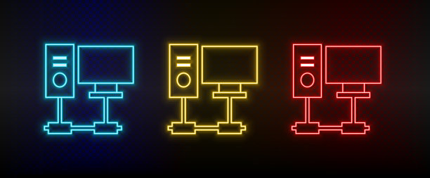 霓虹灯图标。数据库服务器计算机。设置红、蓝、黄霓虹灯矢量图标图片下载