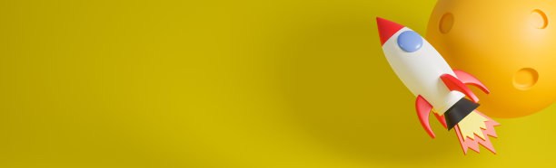 月亮在黄色的背景下，火箭飞船飞了起来。创业的概念。3d模型和插图。图片下载