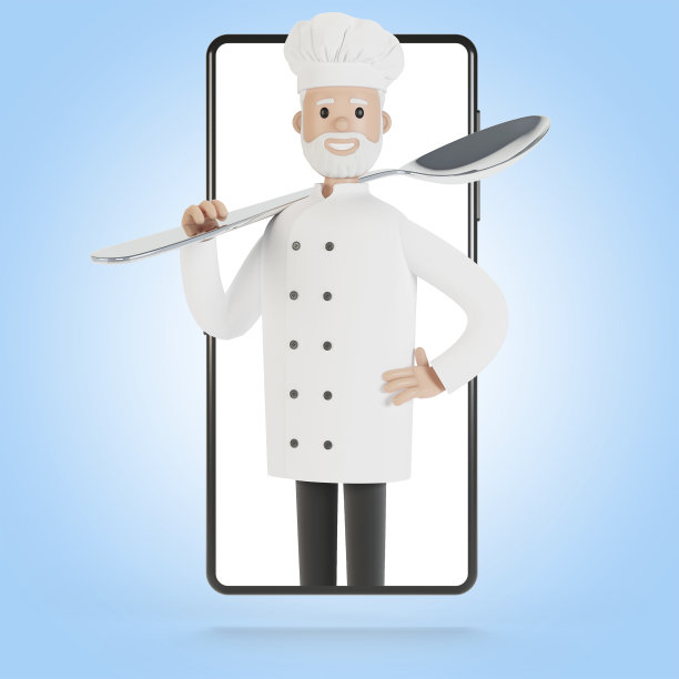 厨师在智能手机屏幕前。在线烹饪课程，正确的烹饪。从餐厅交付3D插图卡通风格。图片下载