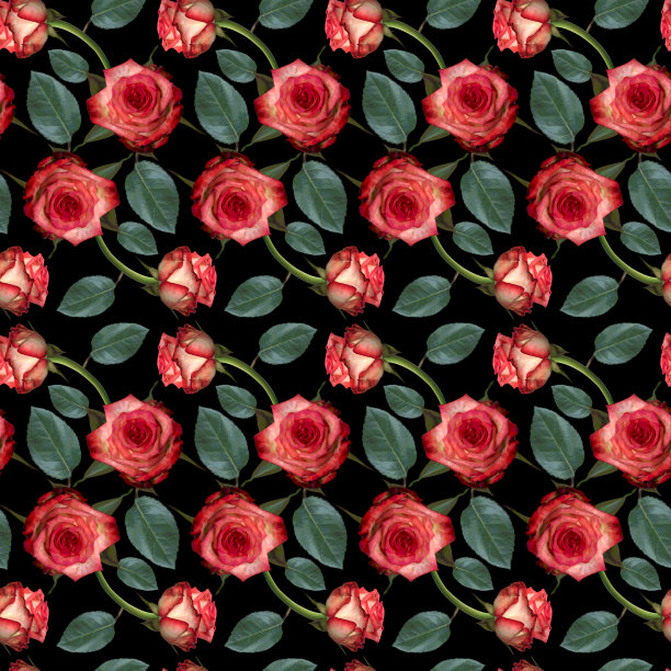 无缝图案与粉红色的玫瑰花和绿色的叶子在黑色的背景。五彩缤纷的花卉纹理。光栅插图。图片下载