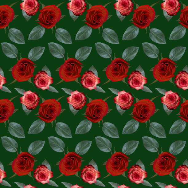 无缝图案与红色，粉色玫瑰花和绿色的叶子在绿色的背景。五彩缤纷的花卉纹理。光栅插图。图片下载