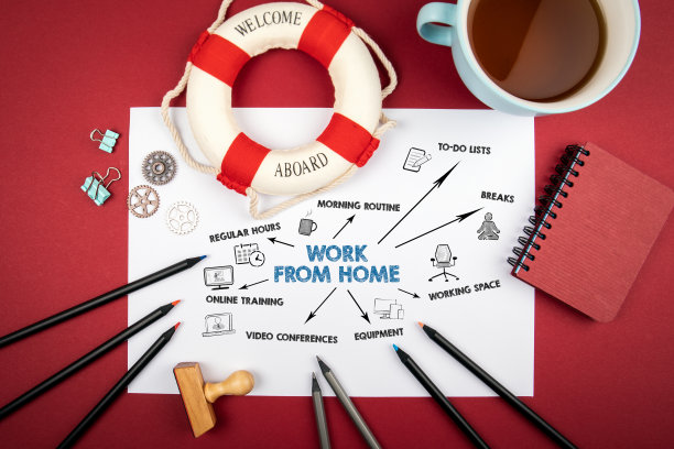 居家办公定期工作时间、待办事项清单、休息时间和在线培训概念。图表与关键字和图标。办公用品图片下载