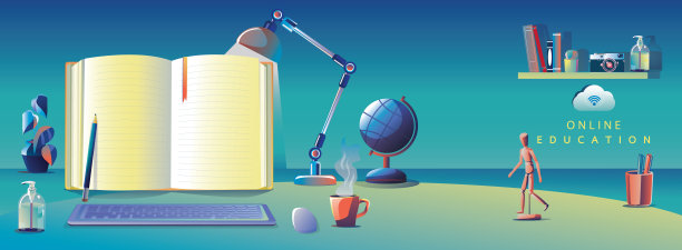 在线教育应用学习全球笔记本电脑，网站背景。社会距离概念书讲座铅笔。课堂培训课程，图书馆矢量插图平面设计图片下载