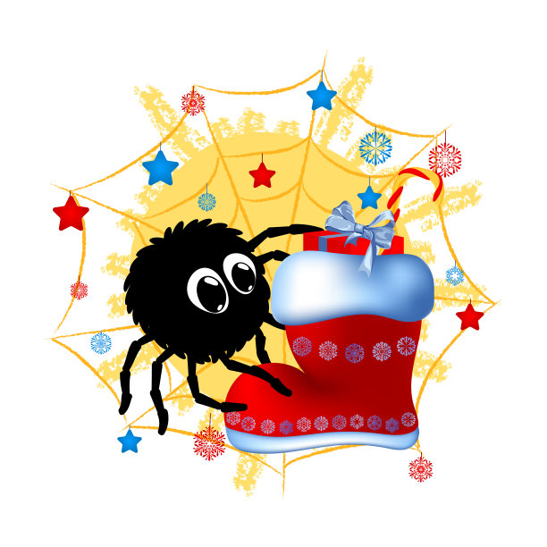 黑色有趣的蜘蛛从新年鞋中得到礼物。矢量插图。卡通人物。孩子打印。设计元素标签，贴纸，婴儿书布局，t恤图片下载