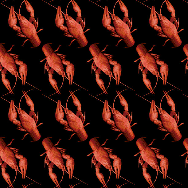 无缝图案与红色小龙虾在黑色的背景。没完没了的小龙虾口感。光栅插图。图片下载