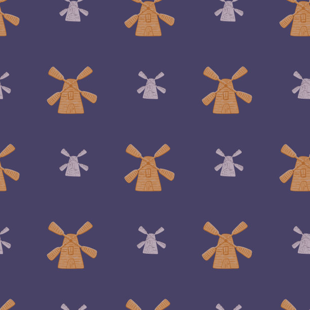 涂鸦无缝图案与米色风车装饰。紫色的背景。图片下载