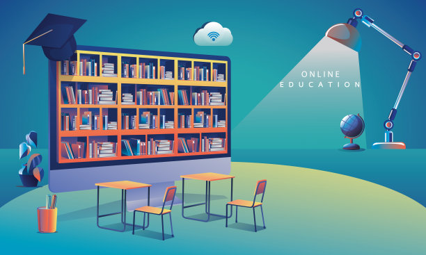 在线教育应用学习全球计算机，移动网站背景。社会距离概念书讲座铅笔。课堂培训课程，图书馆矢量插图平面设计图片下载