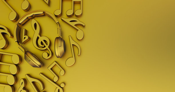金色音符，中间带耳机，概念音乐图片下载