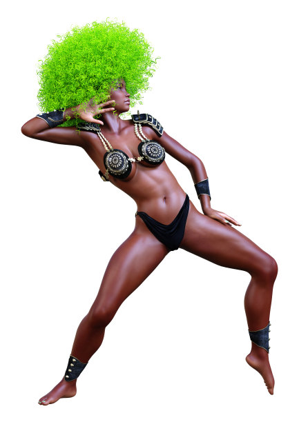 3D插图非洲女孩与绿色头发在白色图片下载