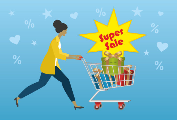 推着购物车和礼品盒的女人。矢量插图。图片下载