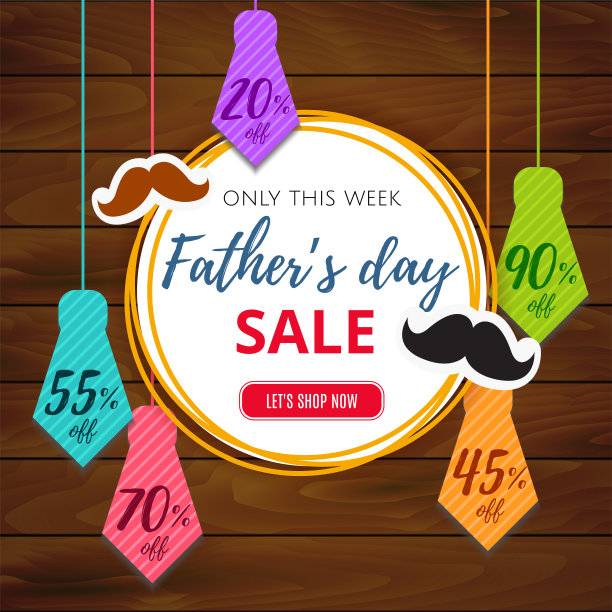 父亲节特价。彩色领带和胡子男人与字母，孤立在深色木制背景模板的促销横幅，广告，传单，邀请，海报，宣传册，折扣。向量图片下载