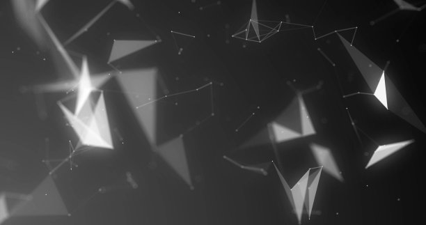 3D白色和黑色抽象几何背景。三角形、点和线用光芒连接起来。库存图片图片下载