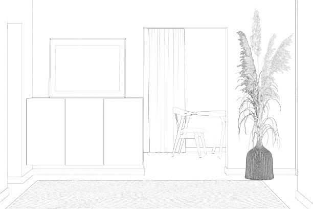 一幅大厅的草图，门廊之间的路沿石上贴着一幅水平海报，柳条花瓶里插着潘帕斯草，瓷砖地板上铺着地毯，透过一扇窗户俯瞰着餐厅。图片下载