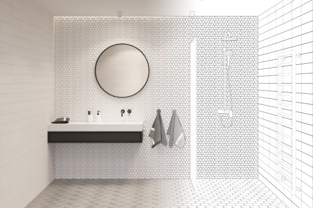 这幅素描变成了一间明亮的浴室，在黑白洗手盆上方有一面圆形镜子，还有两条毛巾、一块玻璃隔断、一间淋浴间和一条黑色加热毛巾架。前视图。图片下载