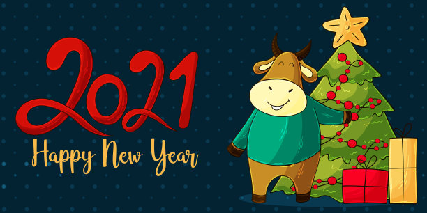 2021新年快乐儿童插画。中国新年牛年2021年图片下载