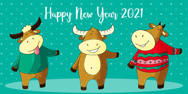 2021新年快乐儿童插画。中国新年牛年2021年图片下载