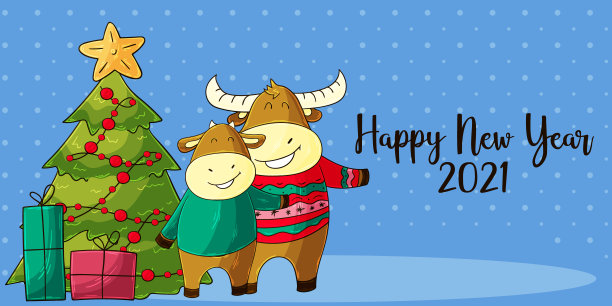 2021新年快乐儿童插画。中国新年牛年2021年图片下载