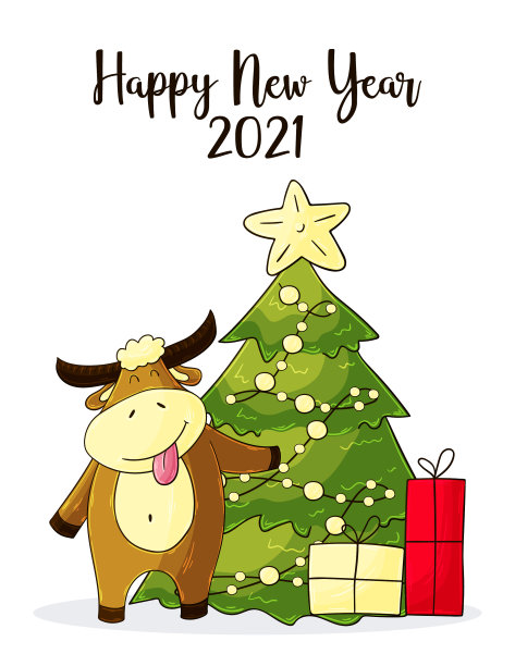 2021年新年快乐儿童插图。中国新年2021年是牛年图片下载