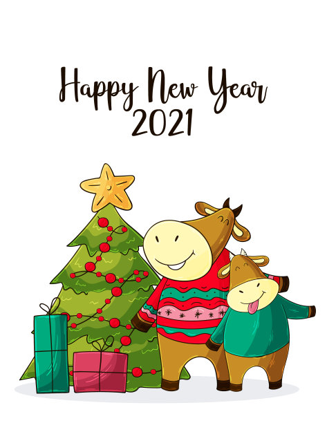 2021年新年快乐儿童插图。中国新年2021年是牛年图片下载