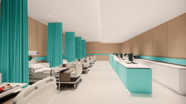 有床的病房。诊所或医院护理用的空床和轮椅。3d房间和舒适的沙发渲染。豪华的病床插图。现代化医院，保健理念。图片下载