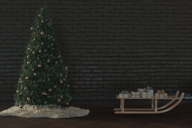3d渲染装饰圣诞树旁边的木制雪橇装满礼物图片下载