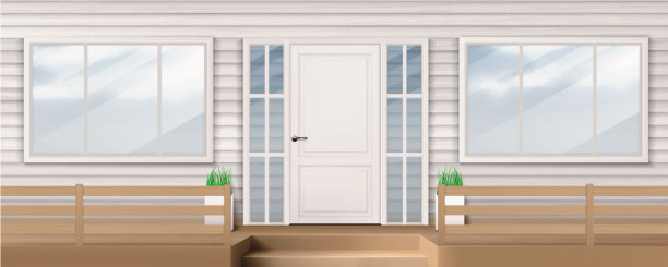 房子正面与白色的门，窗户壁板墙图片下载