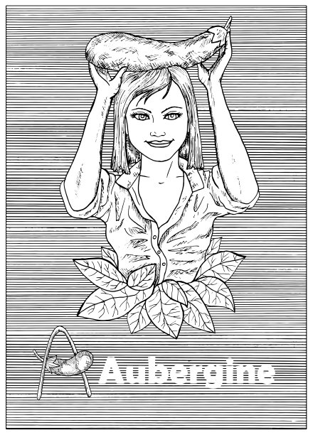 年轻美丽的女人拿着茄子在条纹的背景。图片下载