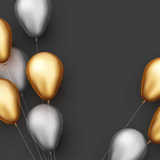 银色和金色的气球与线在黑色的背景。图片下载