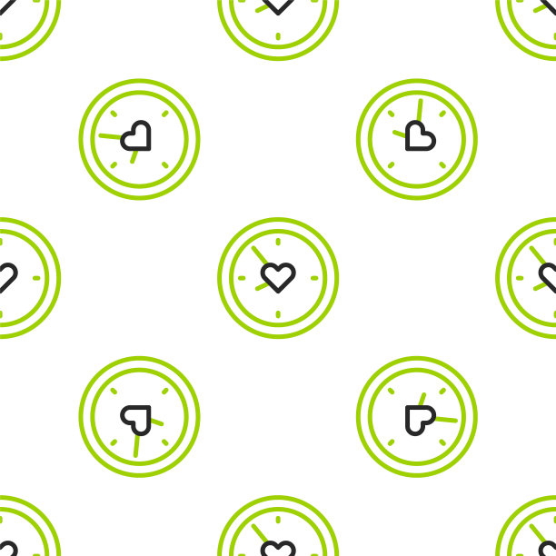 线时钟与心脏图标隔离无缝模式上的白色背景。情人节。爱的象征。向量图片下载