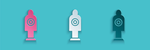 剪纸人类目标运动射击图标孤立在蓝色背景。干净的目标与数字射击场或射击。纸艺术风格。向量图片下载