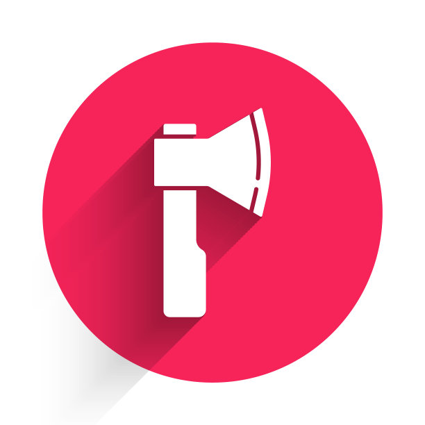 白色木斧图标孤立与长影子。伐木工人斧头。红色圆圈按钮。向量图片下载