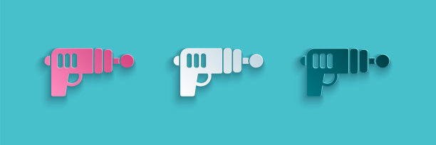 纸切割射线枪图标孤立在蓝色背景。激光武器。空间的导火线。纸艺术风格。向量图片下载