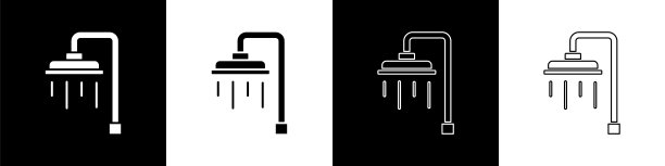 设置莲蓬头与水滴流动图标孤立的黑色和白色背景。向量图片下载