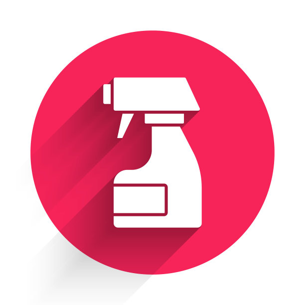 白色清洁喷雾瓶与清洁剂液体图标隔离与长阴影。去污剂。红色圆圈按钮。向量图片下载