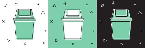 设置垃圾桶图标孤立在白色和绿色，黑色背景。垃圾桶的迹象。回收篮图标。办公室垃圾图标。向量图片下载