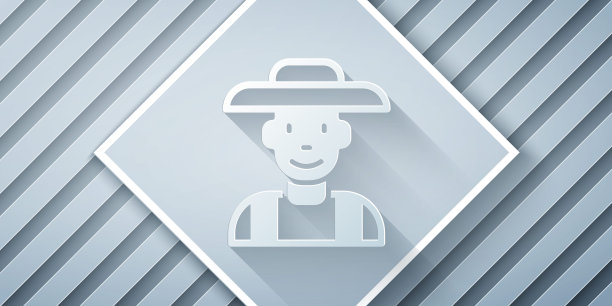 剪纸农民在帽子图标孤立在灰色背景。纸艺术风格。向量图片下载