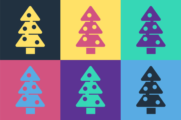 波普艺术圣诞树与装饰图标孤立的颜色背景。圣诞快乐，恭贺新禧。向量图片下载