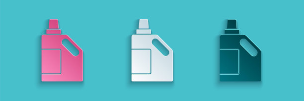 剪纸塑料瓶用于洗衣剂，漂白剂，洗洁精或其他清洁剂图标隔离在蓝色背景。纸艺术风格。向量图片下载