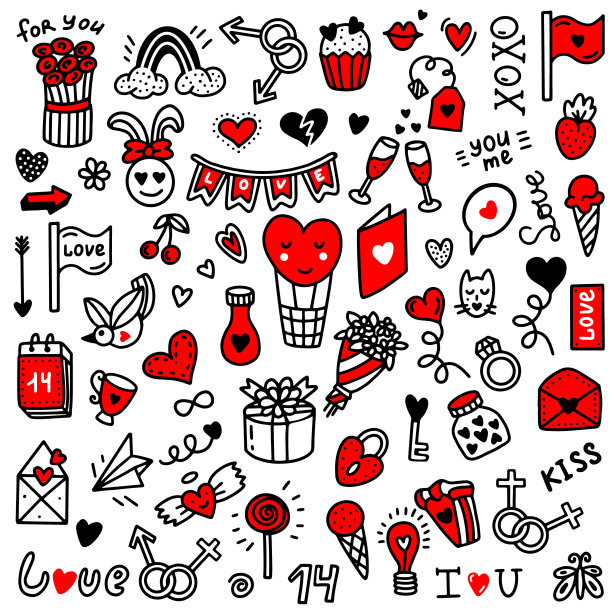 圣瓦伦丁的爱情涂鸦。矢量插图涂鸦风格。专为情人节，婚礼，贺卡设计图片下载