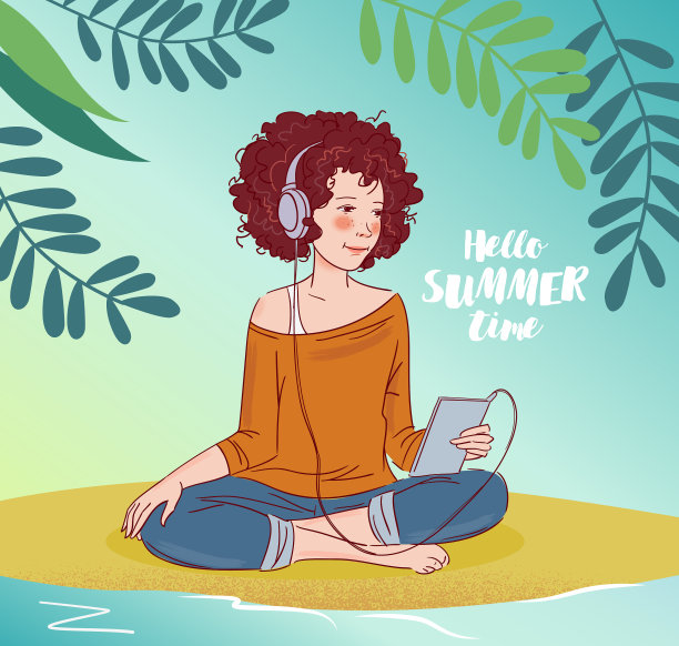 年轻女孩戴着耳机听音乐图片下载