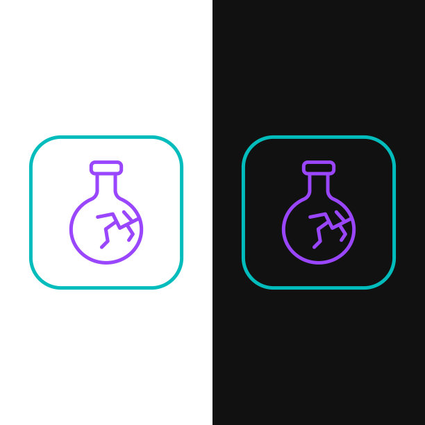 线破裂的试管和烧瓶化学实验室测试图标隔离在白色和黑色背景。实验室玻璃器皿。色彩斑斓的轮廓的概念。向量图片下载