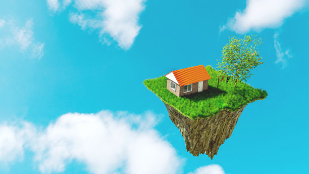 高处的房子上有一块小石头在空中飞舞图片下载