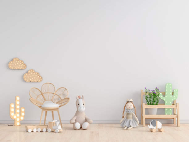娃娃在地板上的白色儿童房的模型，3D渲染图片下载