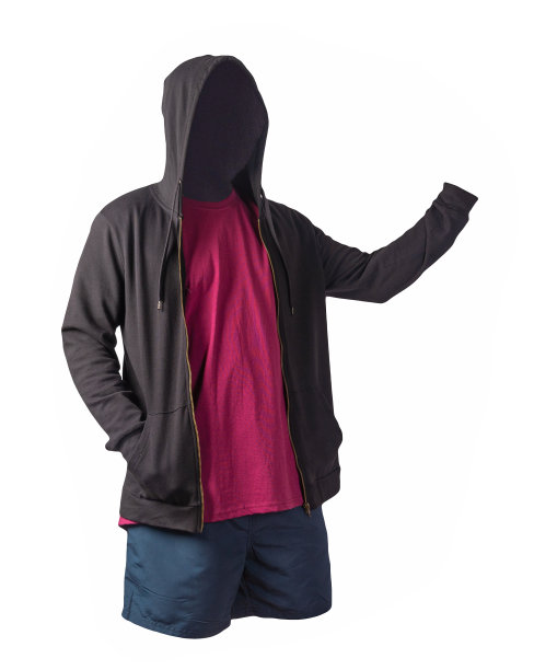 运动衫与铁拉链帽衫，t恤和运动短裤孤立的白色背景。图片下载